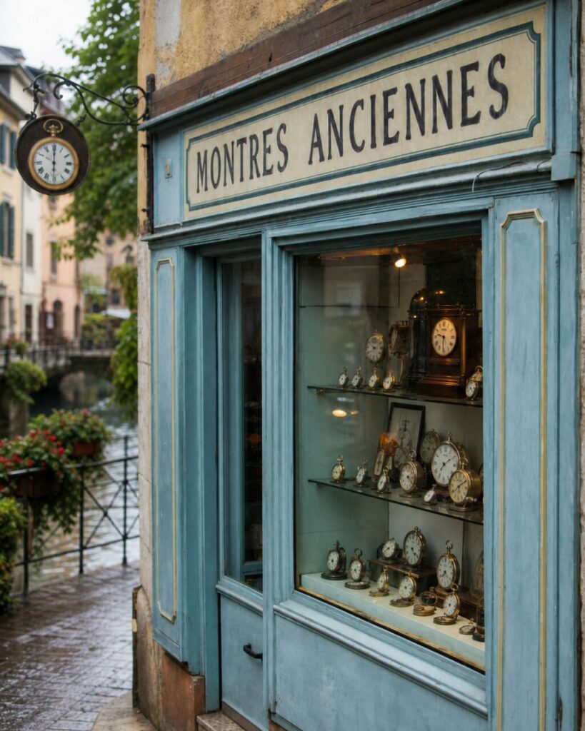 Gros plan sur une horlogerie ancienne à Annecy, enseigne et montres présentées dans une vitrine bleue