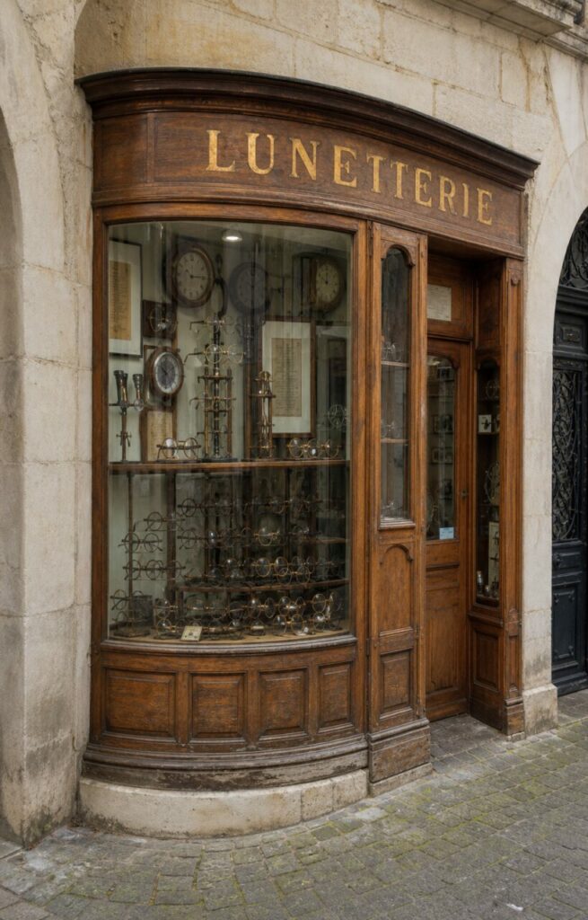 Gros plan sur une lunetterie de Besançon, montures rondes et horloges derrière la vitrine en noyer
