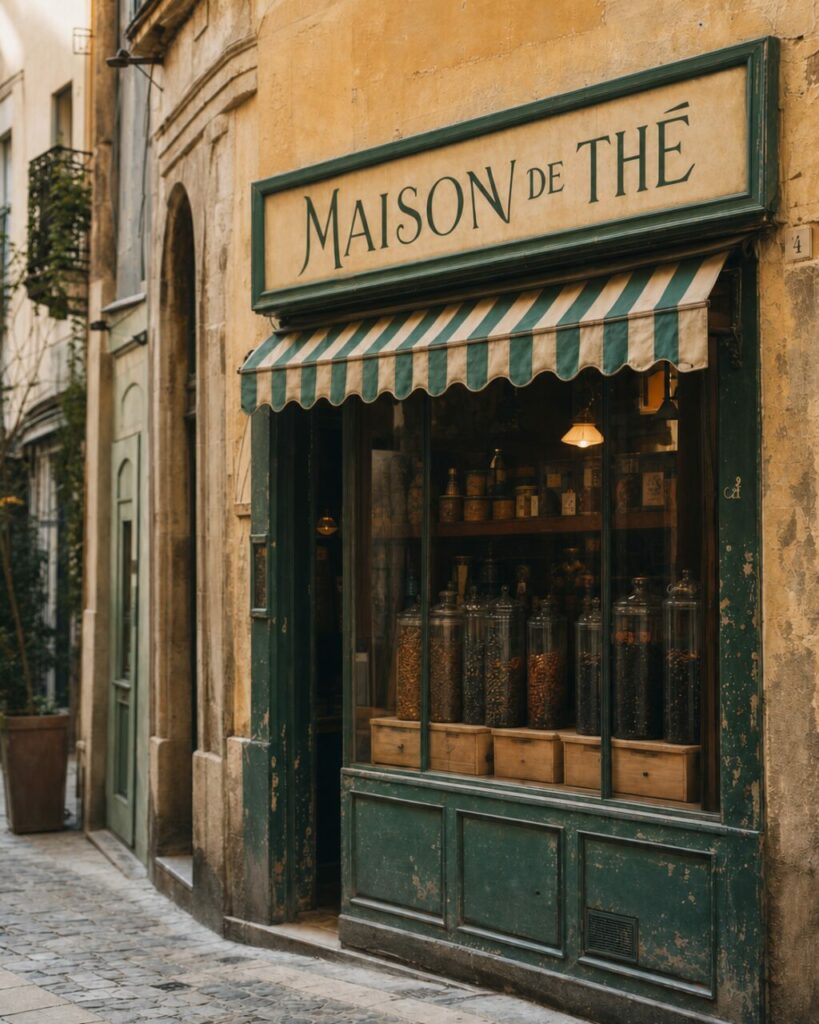 Gros plan sur une maison de thé à Montpellier, enseigne peinte et bocaux derrière la vitrine