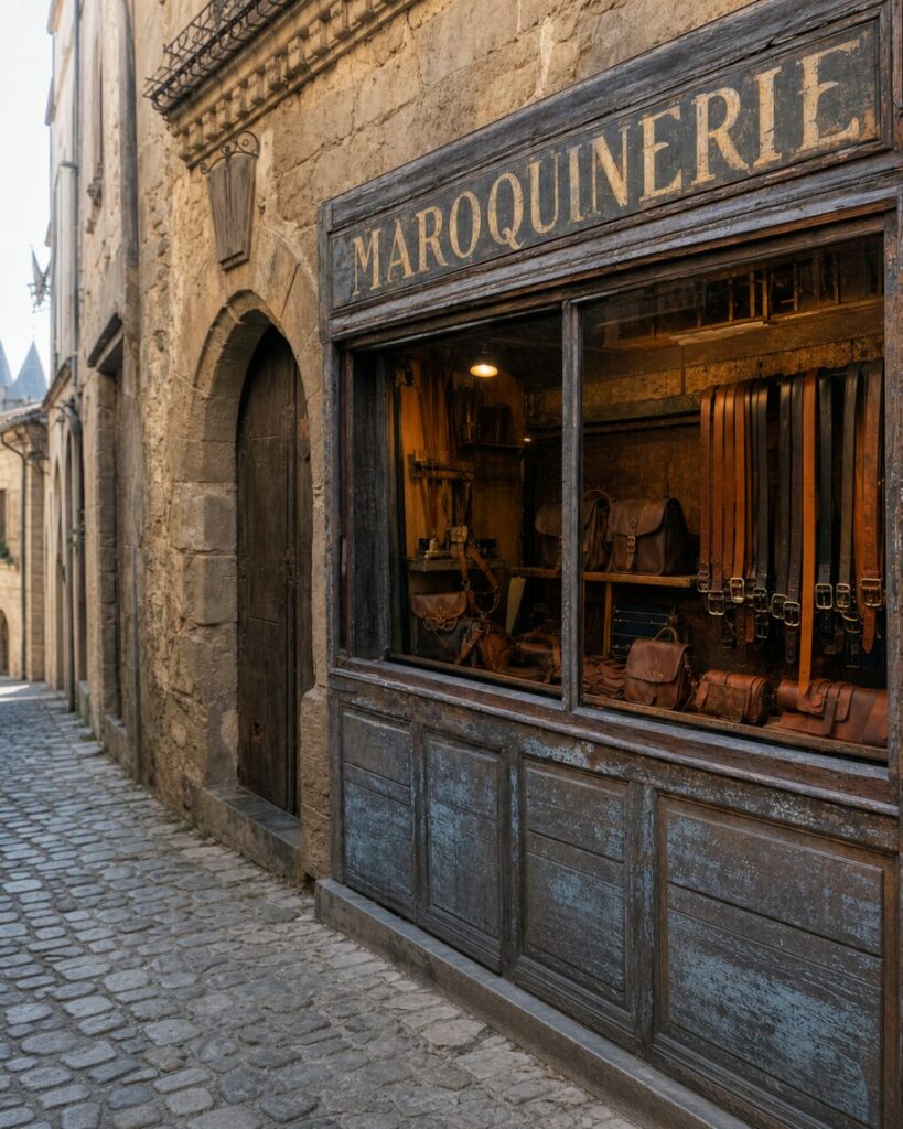 Gros plan sur une maroquinerie de Carcassonne, sacs et ceintures derrière une vitrine ancienne