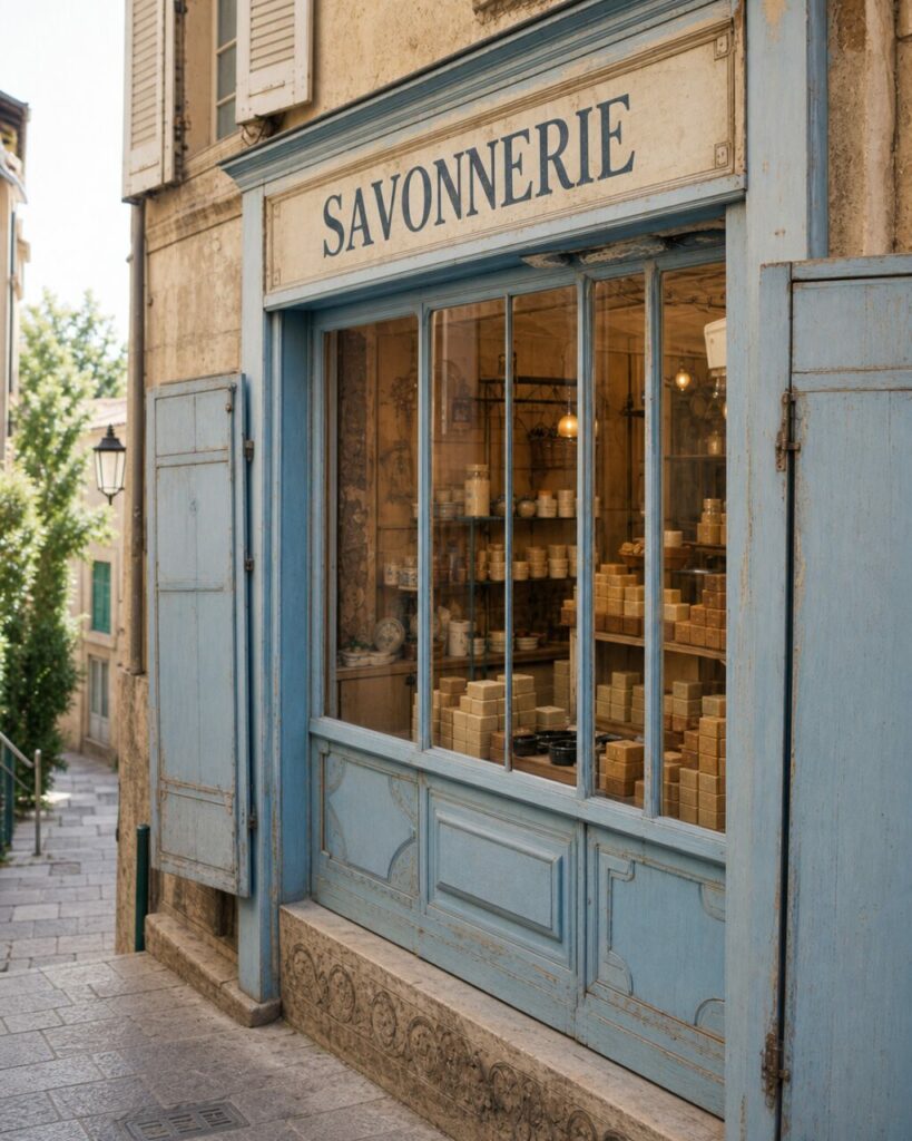 Gros plan sur une savonnerie de Marseille, enseigne ancienne et piles de savons derrière les volets bleus