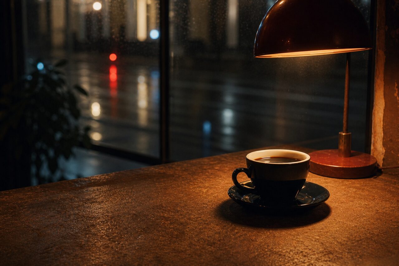 Close-up of a black cup in amber light