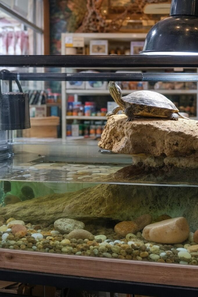 Nahaufnahme einer Wasserschildkröte unter der Wärmelampe