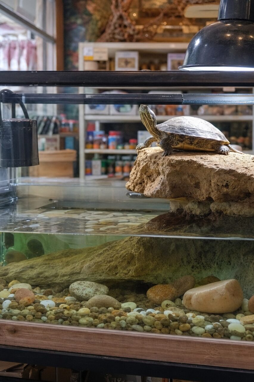Gros plan sur la tortue aquatique sous la lampe