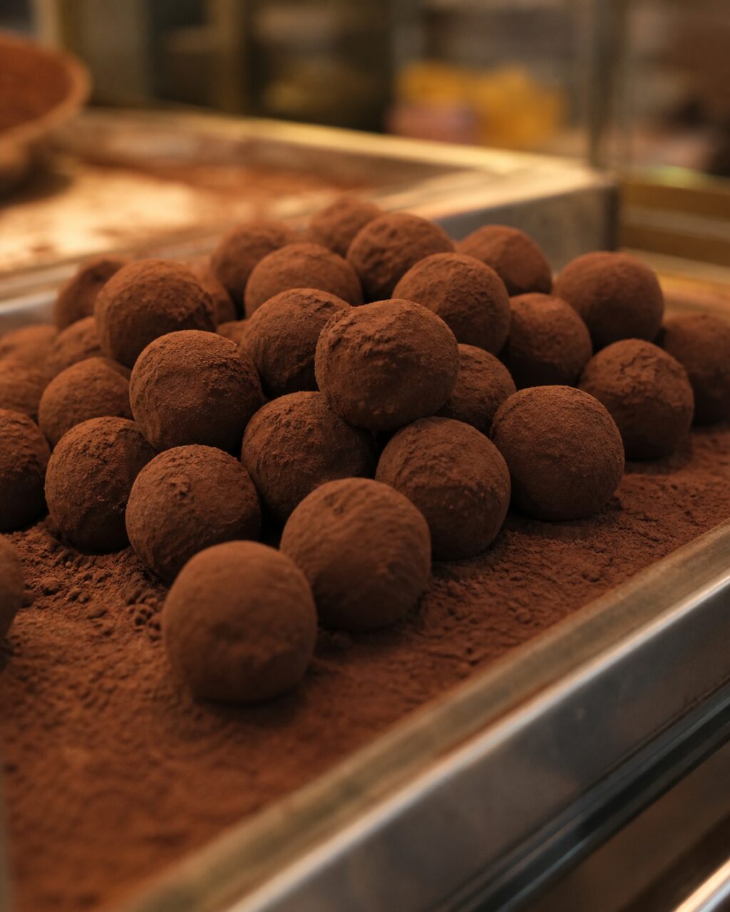 Close-up of cocoa truffles on a metal tray