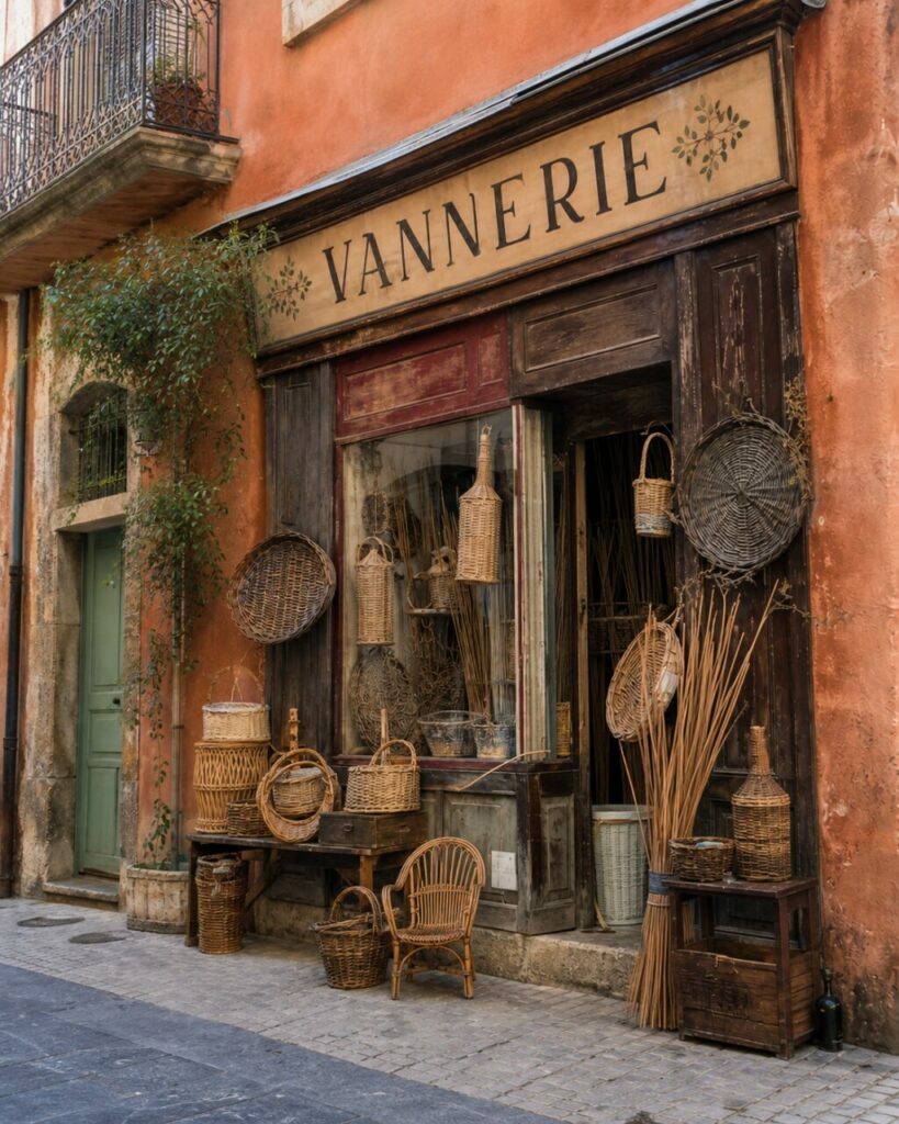 Gros plan sur une vannerie de Nîmes, paniers suspendus et fibres de roseau dans la vitrine