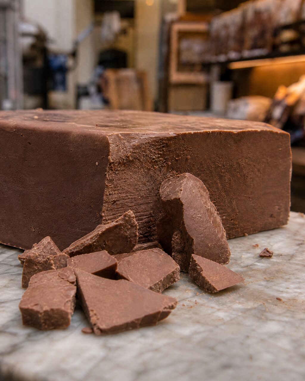 Verticale close-up van een gebroken chocoladeblok
