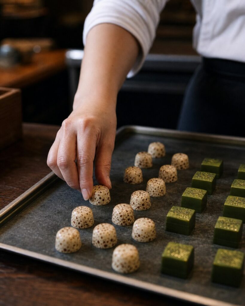 Vertikale Nahaufnahme von Matcha-Pralinen