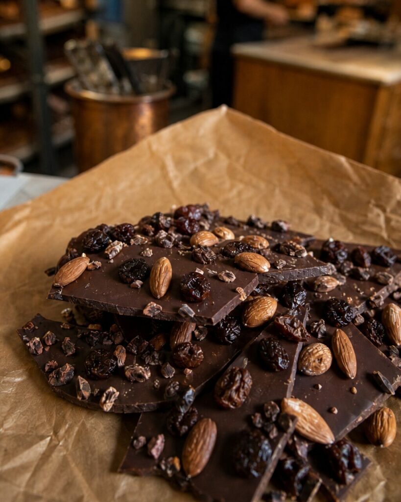 Vertical close-up of topped chocolate bark