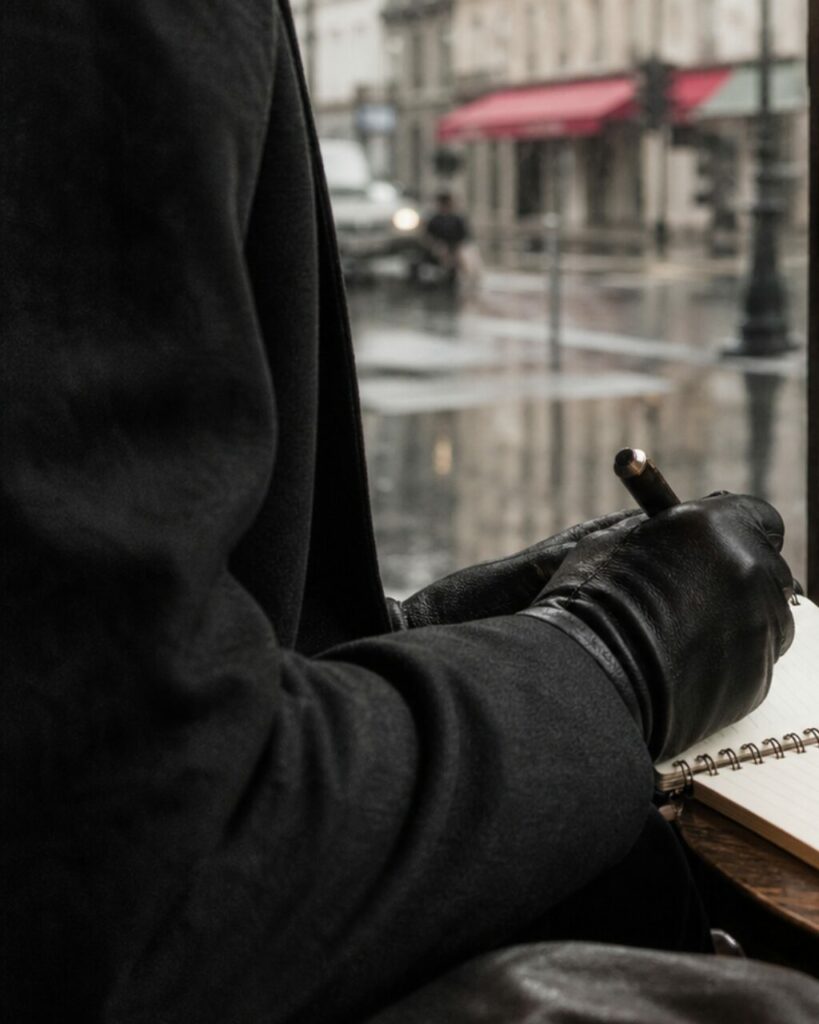 Gros plan vertical sur les gants et le stylo