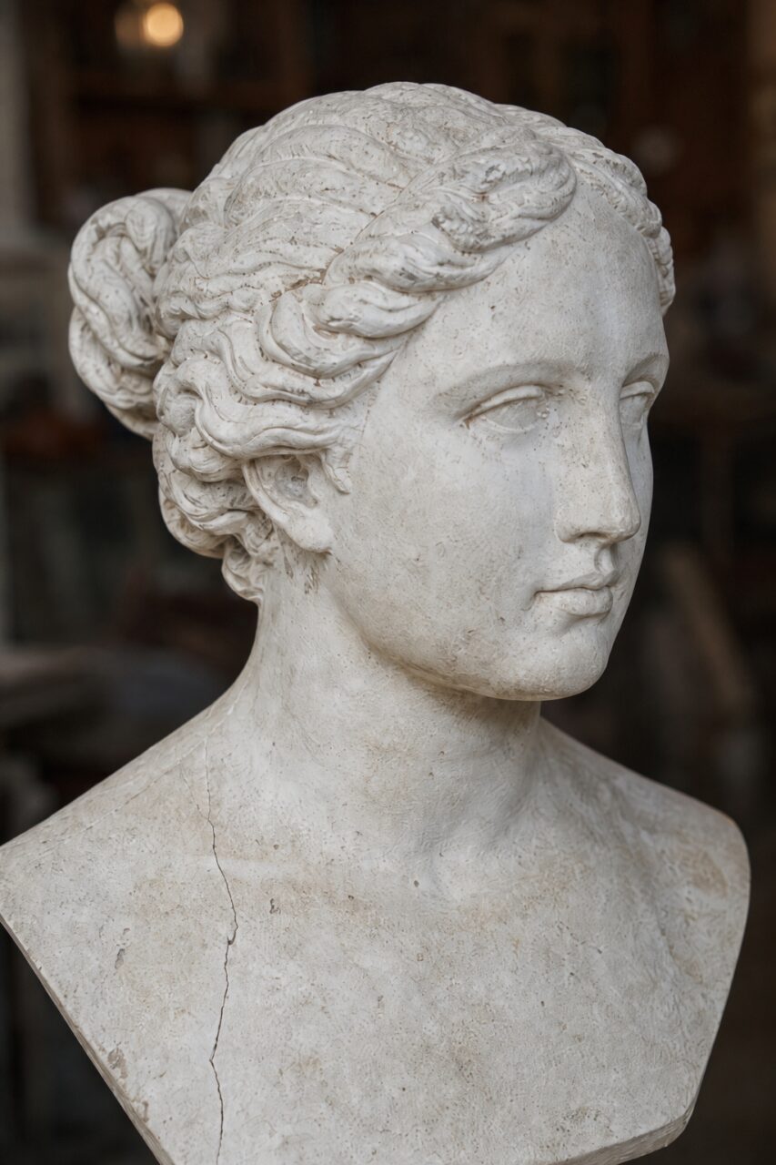 Primo piano verticale del volto e dei capelli scolpiti di un busto in gesso
