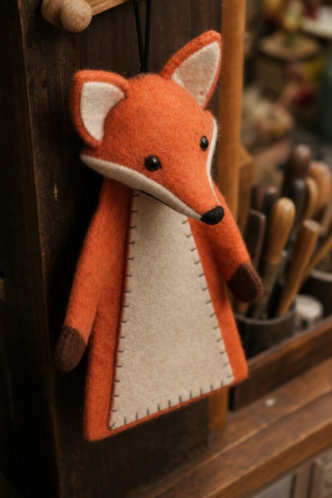 Gros plan vertical sur le visage du renard en feutrine