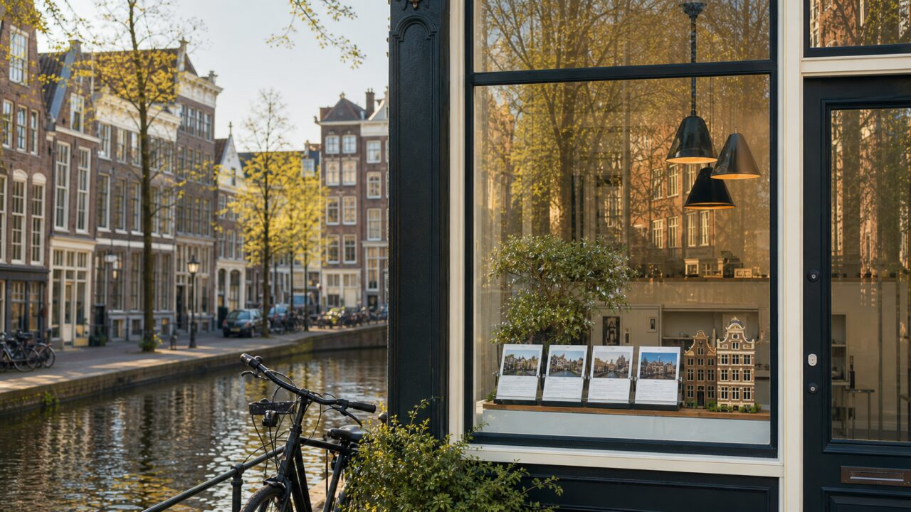 Close-up van een Amsterdamse vastgoedetalage met huismaquettes
