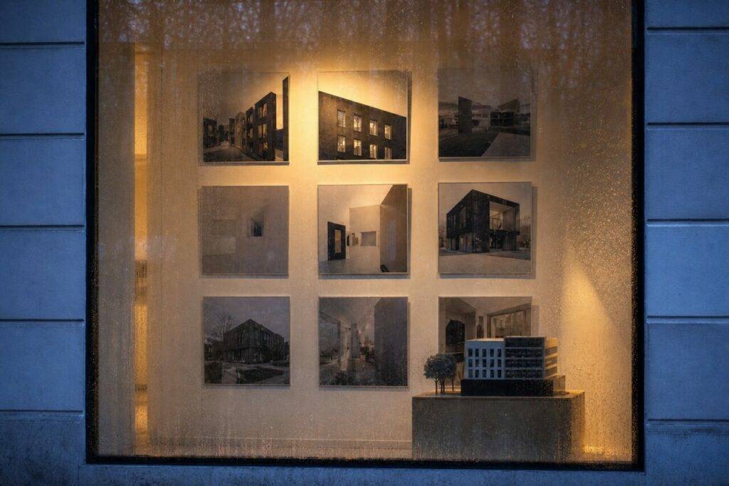 Vitrine immobilière berlinoise avec maquette architecturale