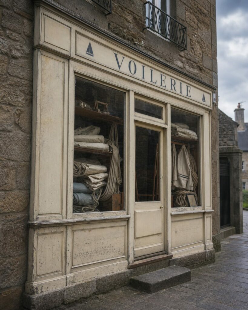 Gros plan sur une voilerie de Saint-Malo, cordages et toile derrière la vitrine