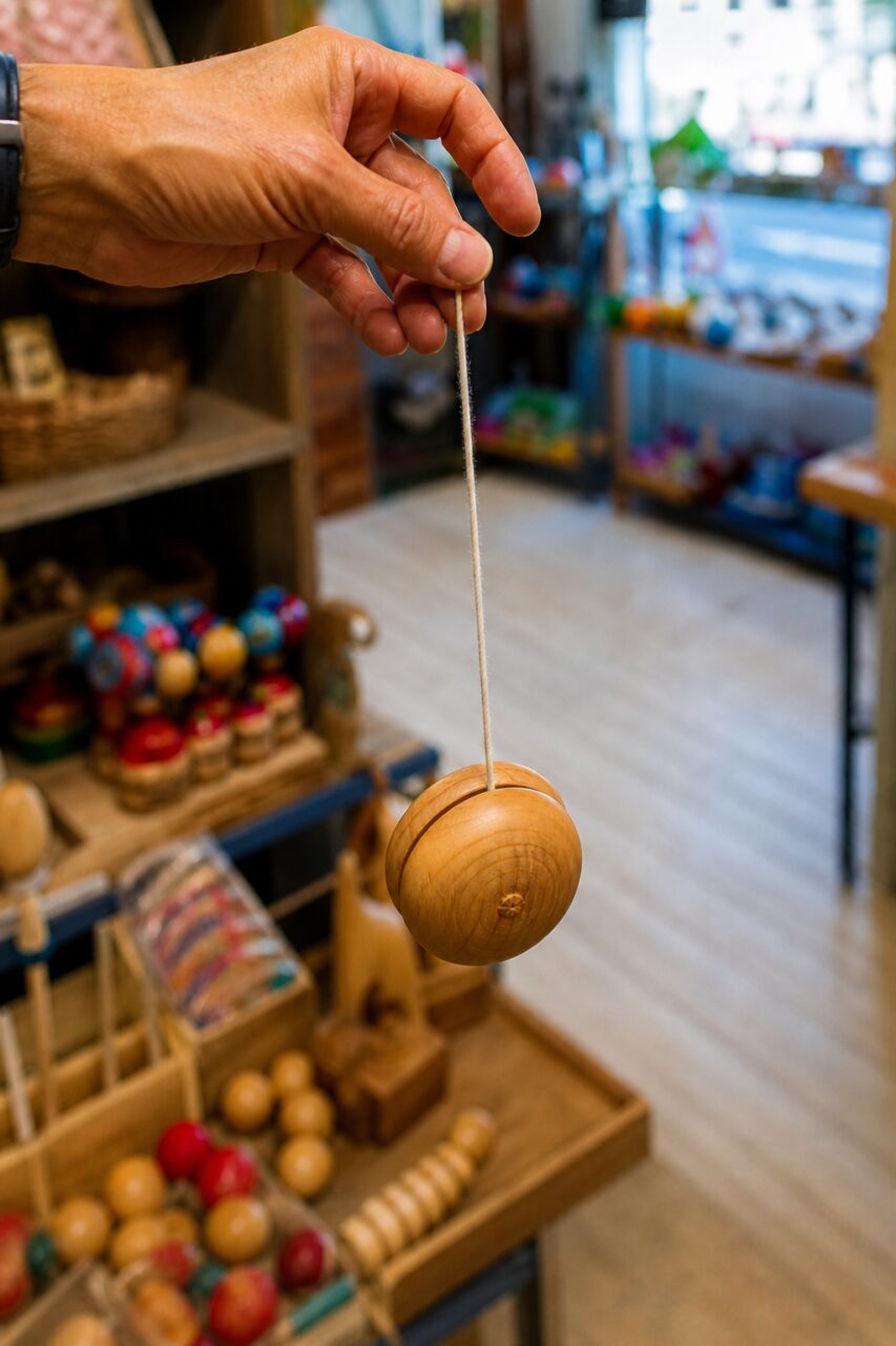 Yo-yo en bois cadré près de la main