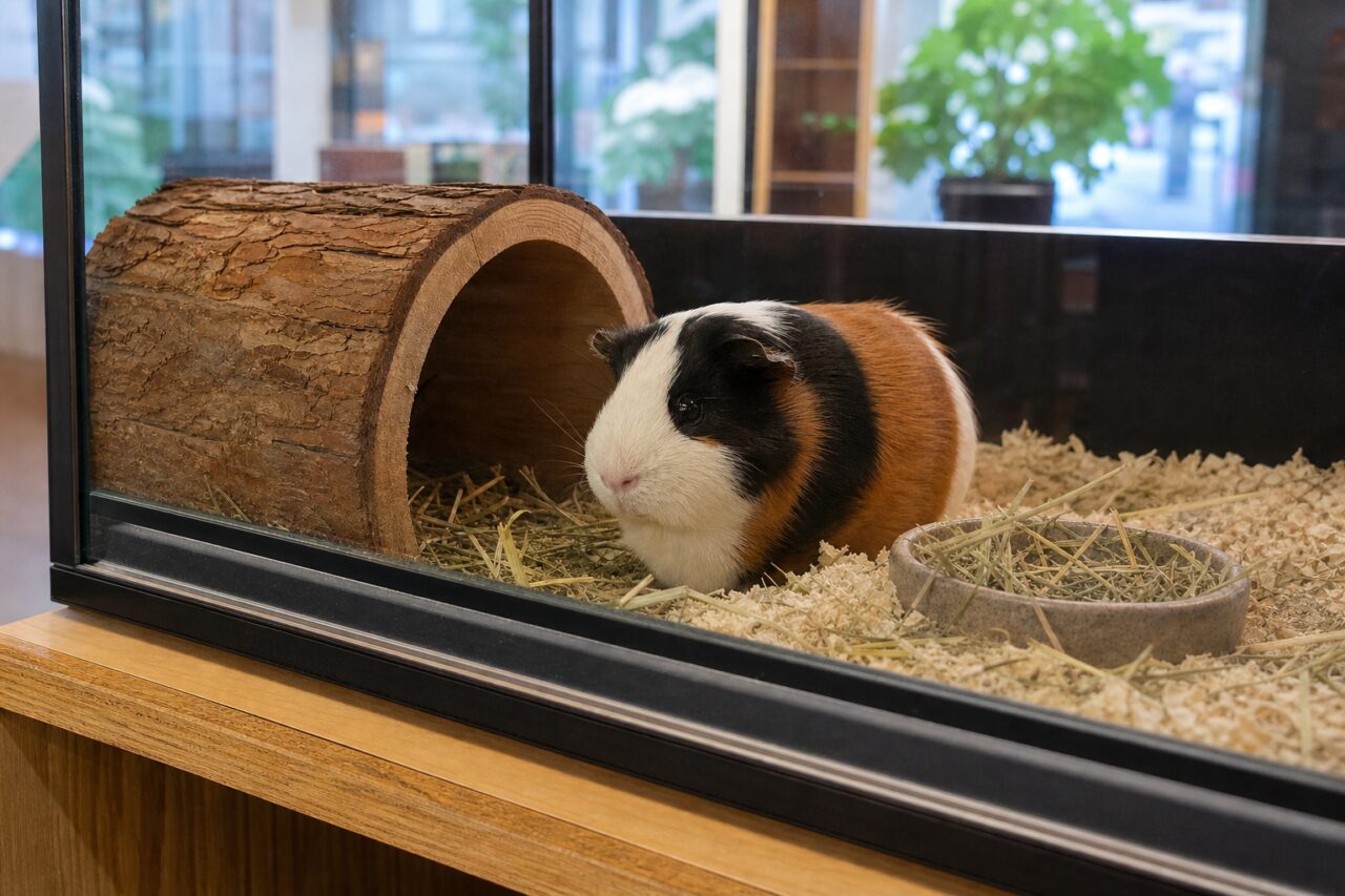 Hábitat de cobaya con túnel y cama de virutas