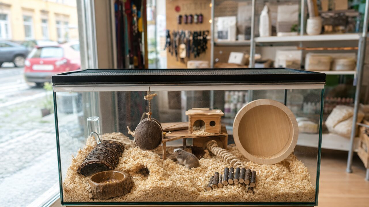 Glasbehausung für Hamster mit Laufrad und Holztunnel
