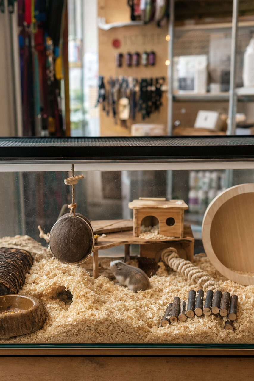 Hamster in a glass habitat with wheel, tunnel and house