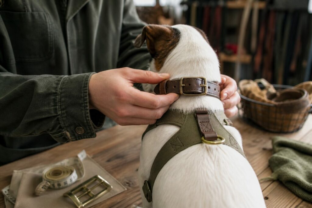 Ajuste de arnês num cão com trela e fivelas sobre a mesa