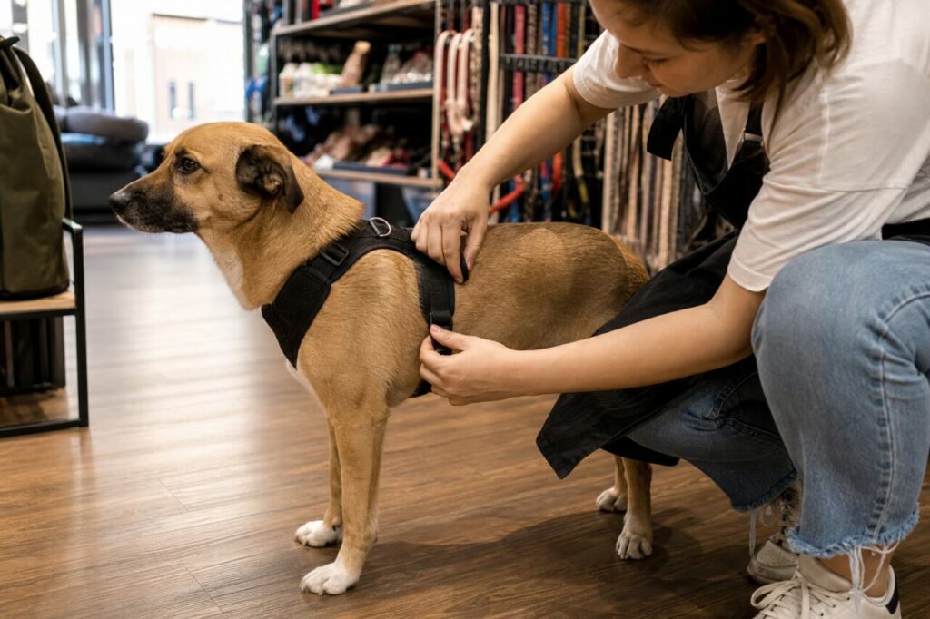 Harnais pour chien pendant un essayage
