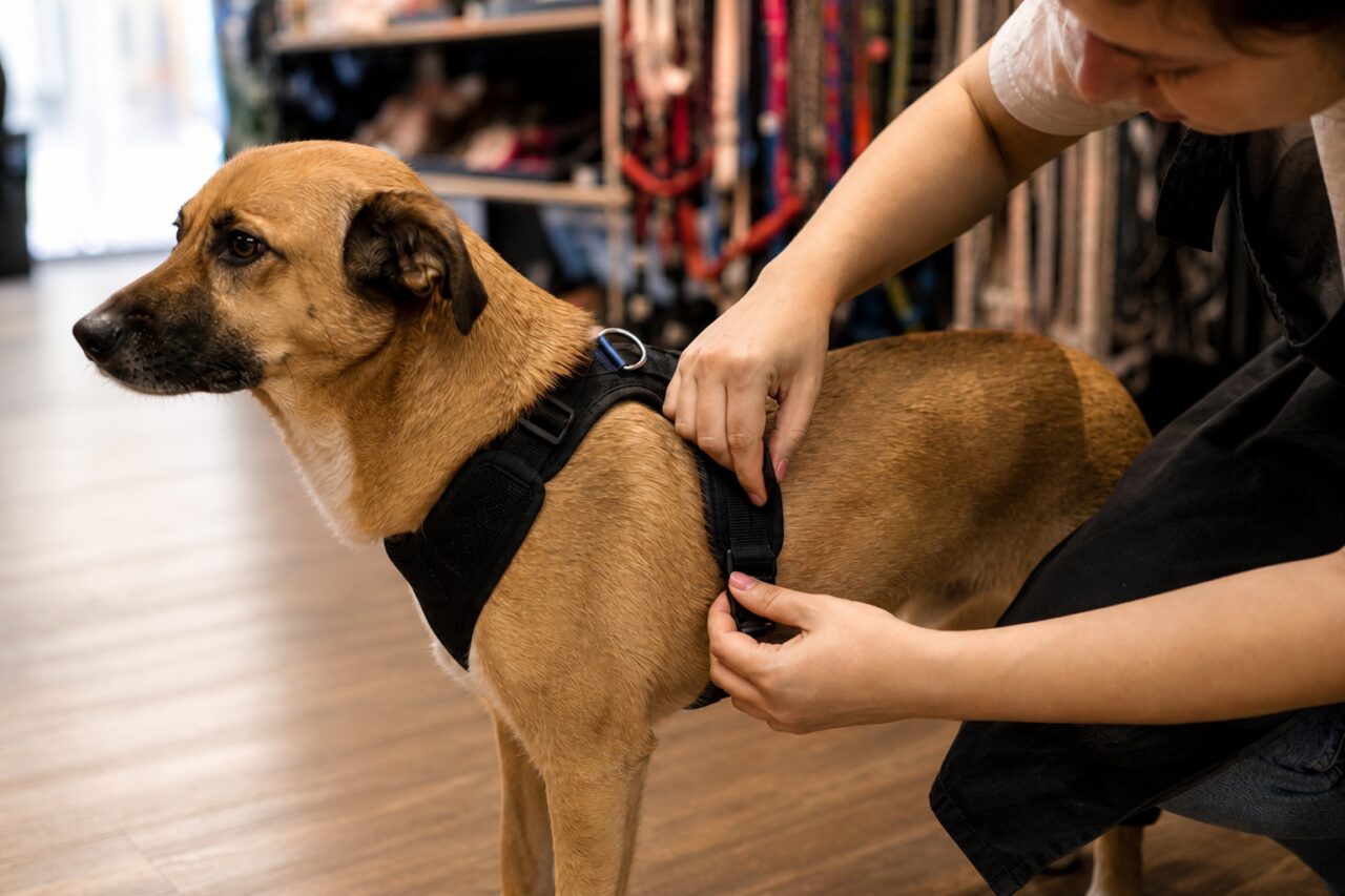 Schwarzes Geschirr am Hund angepasst