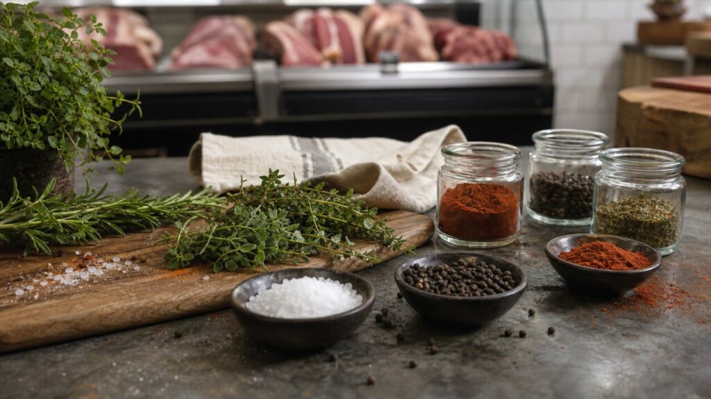Herbes aromatiques et épices sur un plan de travail