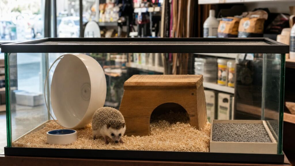 Igel vor einem Holzhäuschen in einem Terrarium
