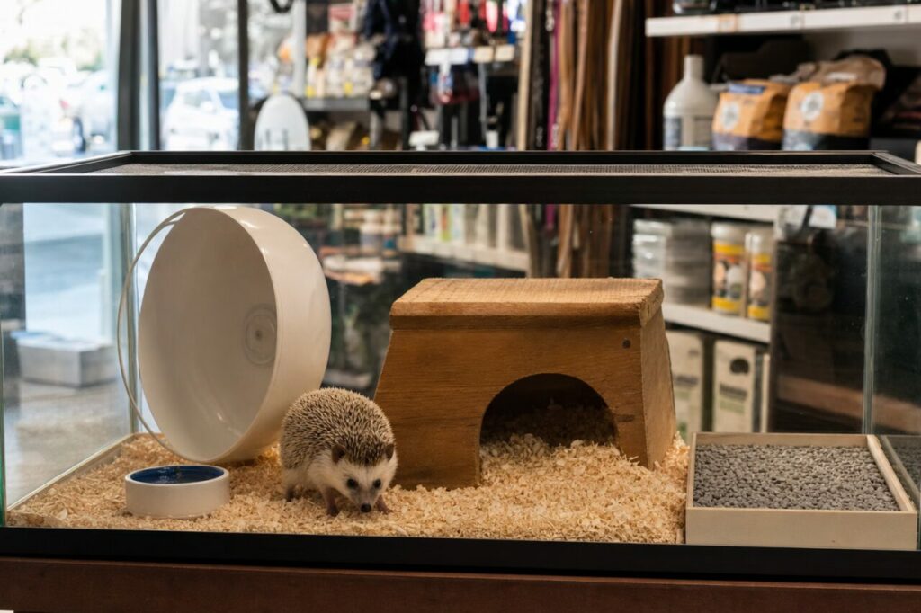 Igel neben einem weißen Rad in einem Glasgehege