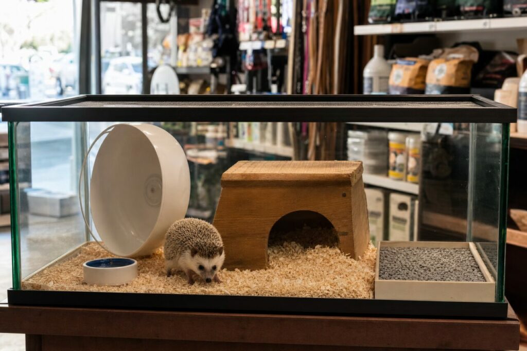 Igel in einem Glasterrarium mit Laufrad und Holzhäuschen