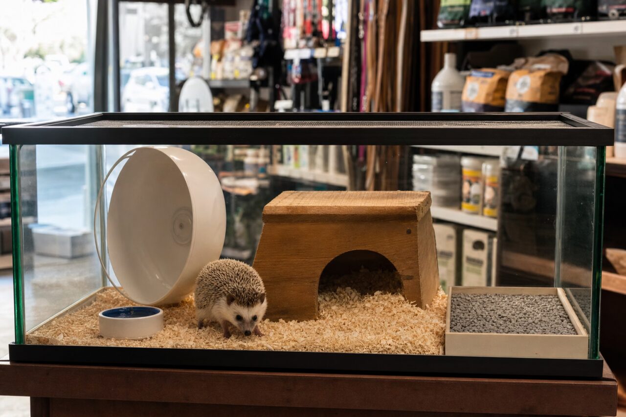 Hedgehog in a glass terrarium with a wheel and wooden shelter