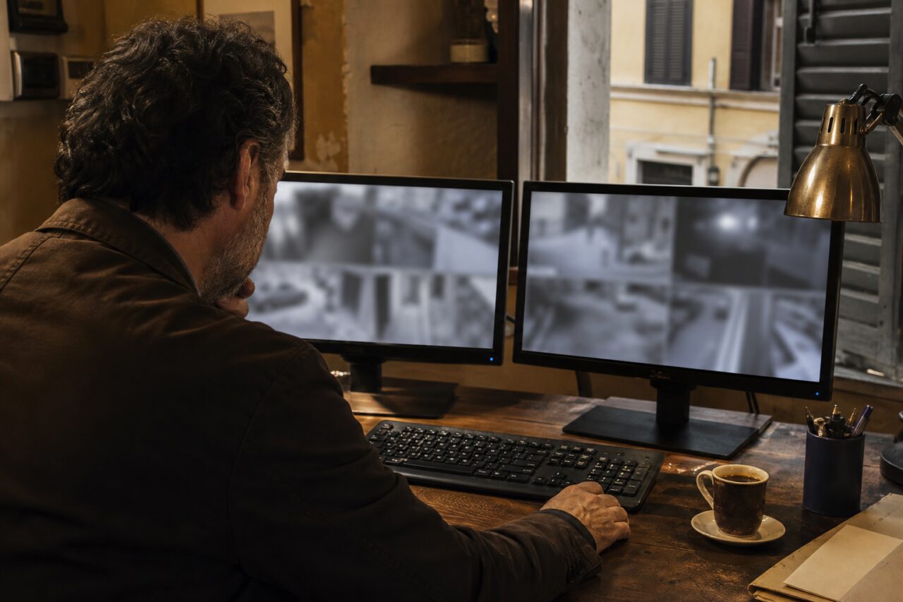 Homme assis devant deux écrans aux vues en niveaux de gris