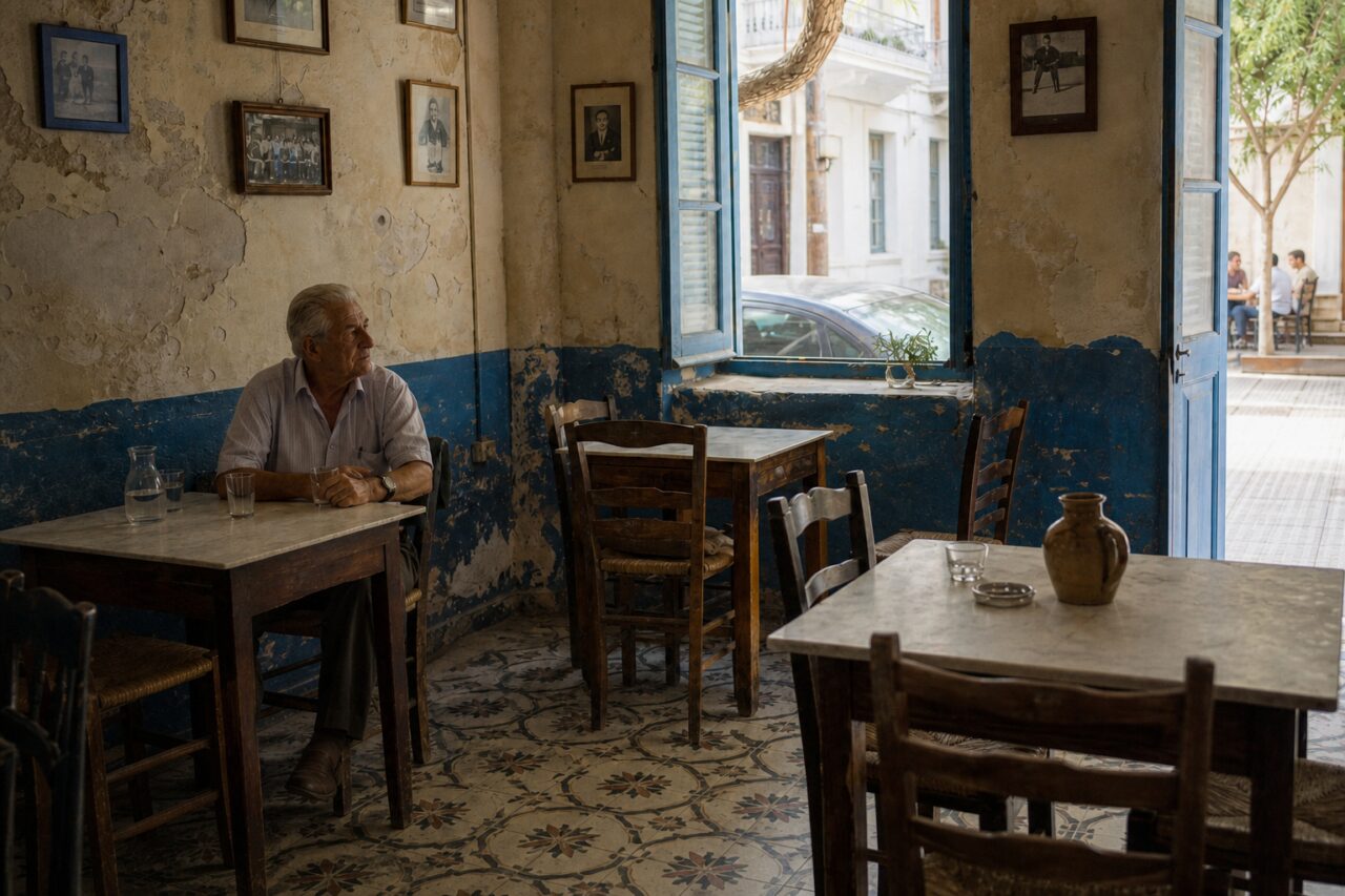 Homme assis entre tables et fenêtre bleue