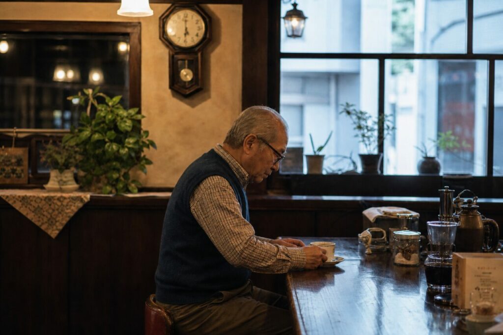 Homme au comptoir entre plantes et accessoires