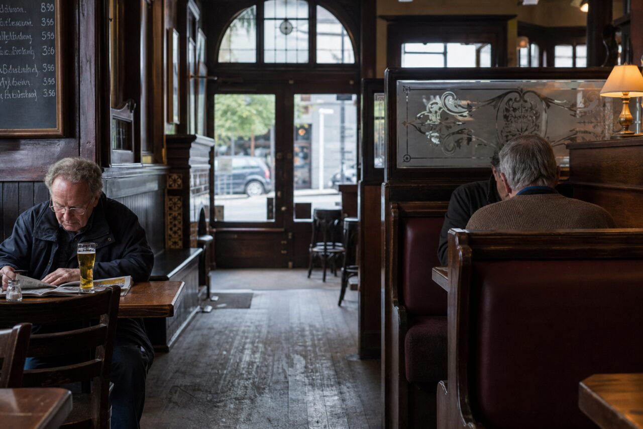 Homme au journal dans une salle aux banquettes sombres
