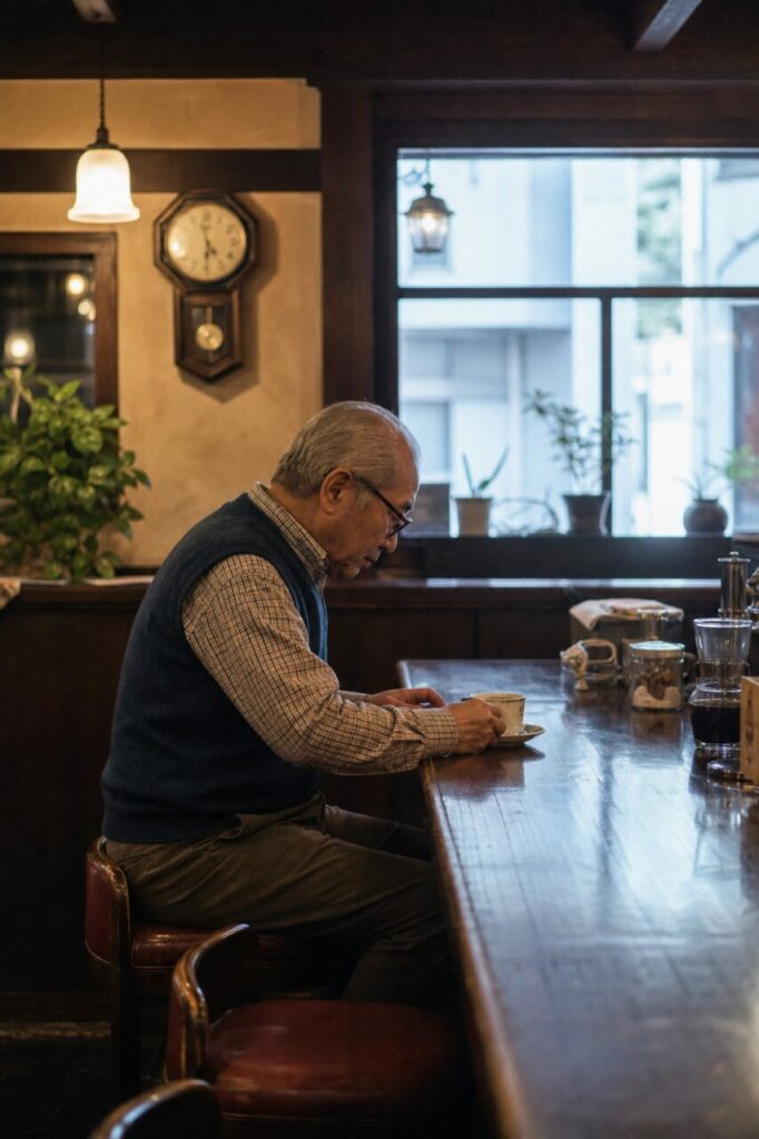 Homme à lunettes devant une tasse au comptoir