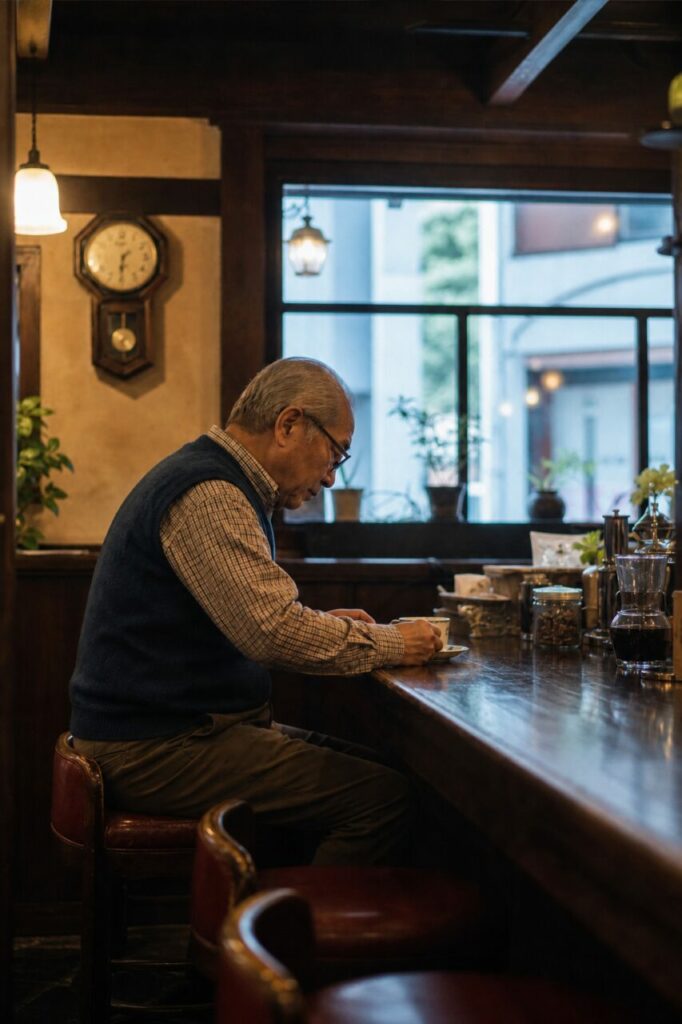 Homme de profil face au long comptoir réfléchissant
