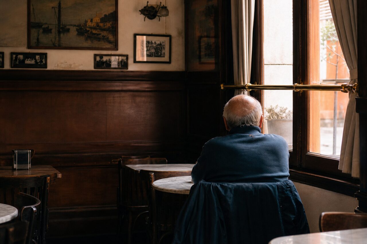 Homme en veste bleue assis face à la fenêtre
