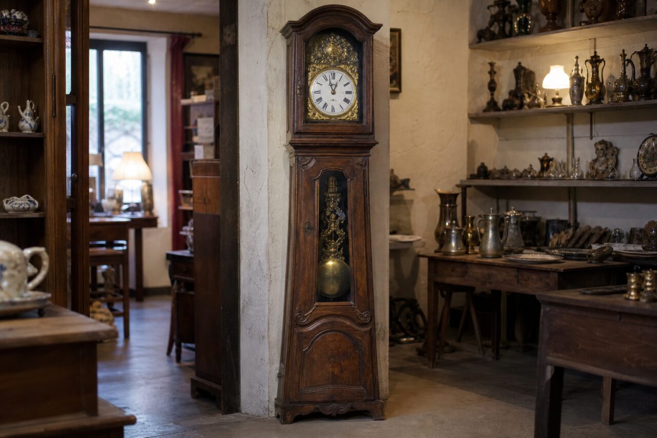 Horloge comtoise en bois dans une boutique d’antiquités