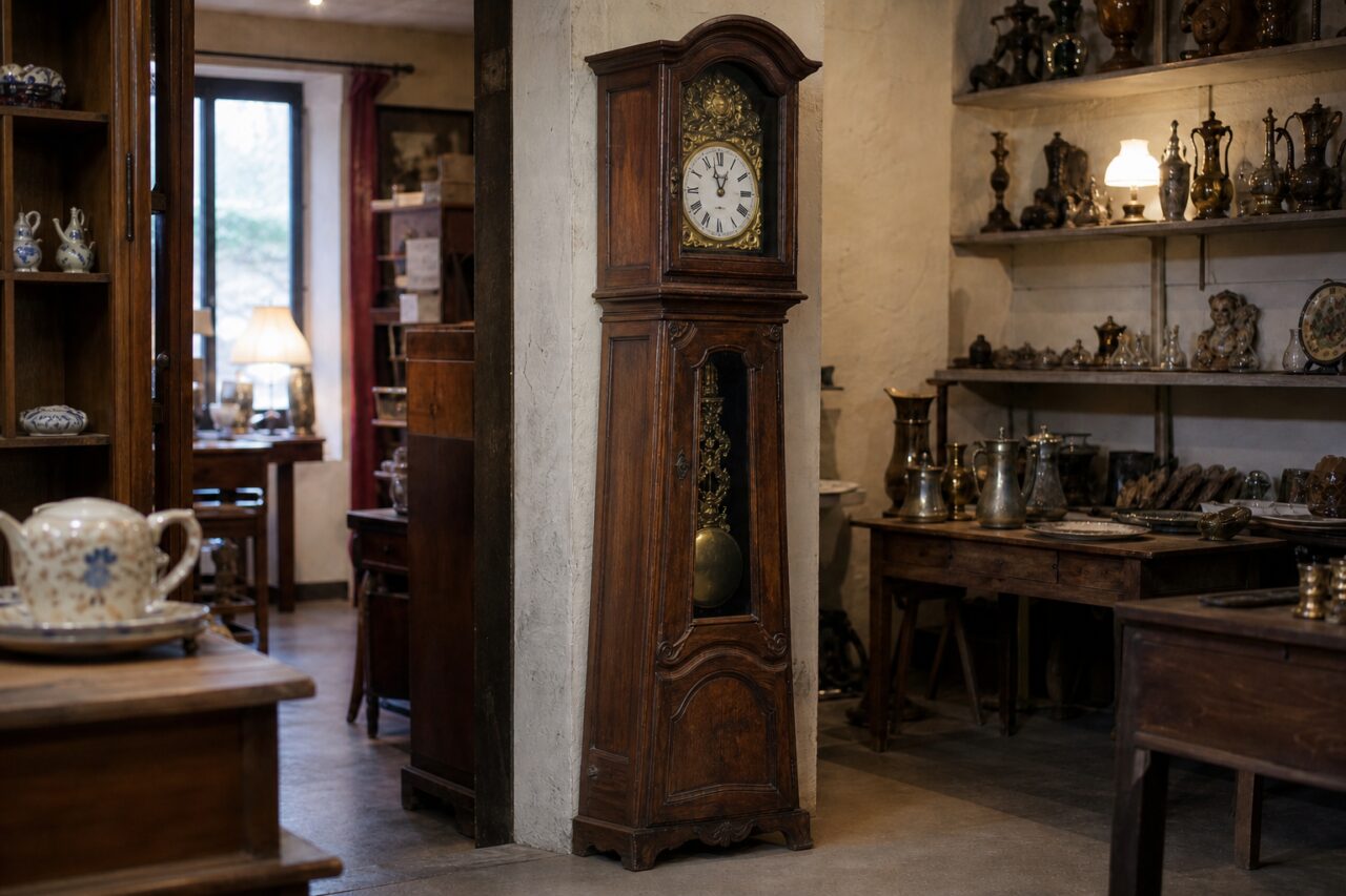 Houten Comtoise-klok naast een antiekvitrine
