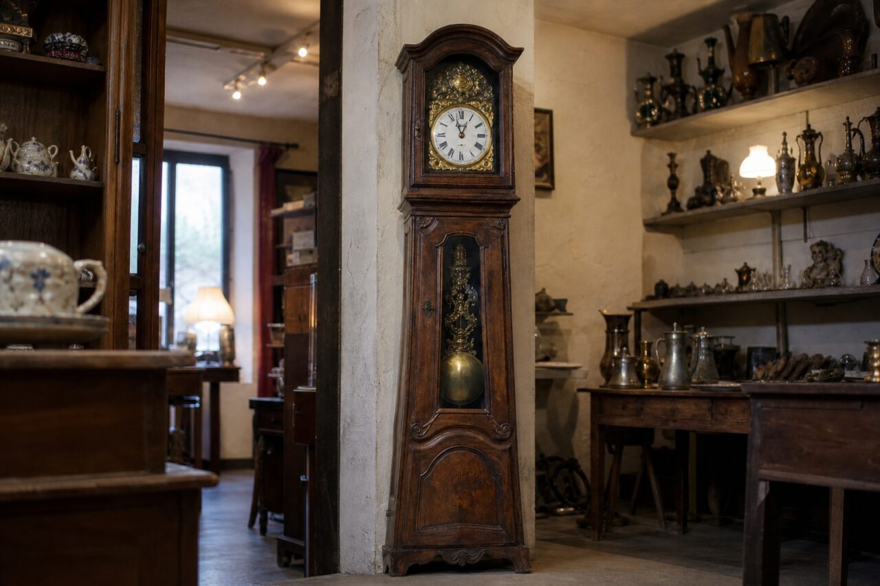 Volledig beeld van een houten Comtoise-klok tussen twee delen van een antiekwinkel