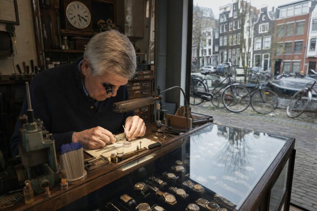 Horloger à la loupe devant un établi et une vitrine de montres à Amsterdam