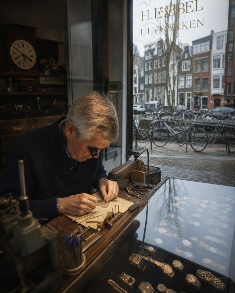 Horloger à la loupe devant une vitrine de montres dans un atelier d’Amsterdam