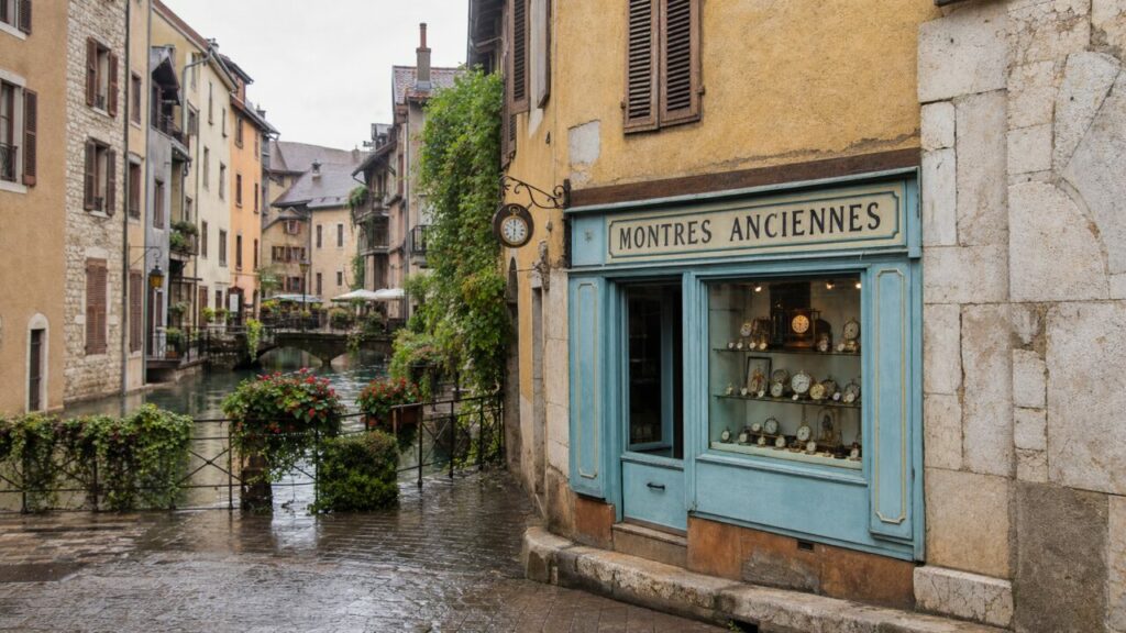 Horlogerie ancienne à Annecy au bord du canal, façade bleue et vitrines de montres
