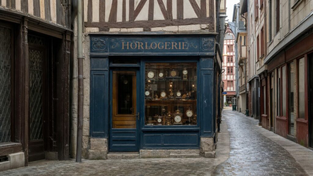 Horlogerie ancienne à Rouen, vitrine d’horloges dans une rue à colombages