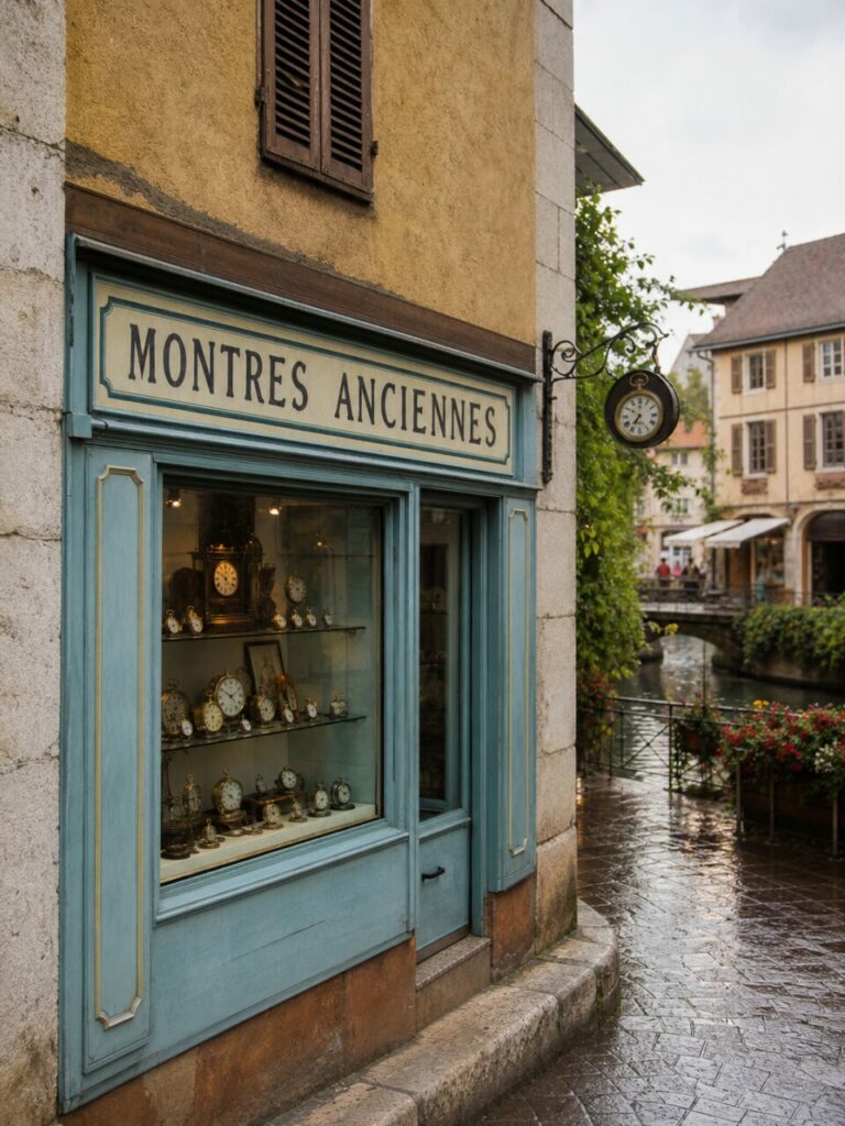 Horlogerie ancienne d’Annecy, façade bleu clair et collection de réveils au bord de l’eau