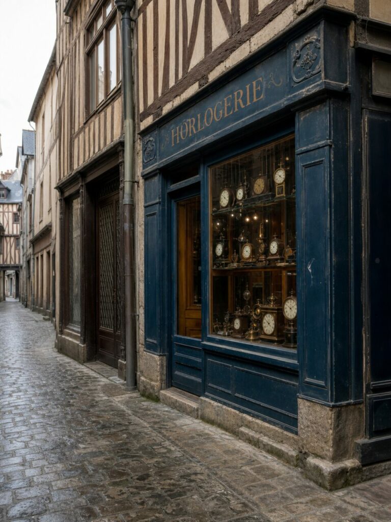 Horlogerie de Rouen vue en angle, vitrine lumineuse et ruelle pavée mouillée