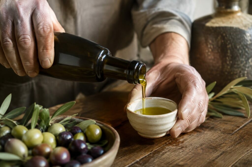 Huile dorée versée dans une tasse près d’olives et de flacons