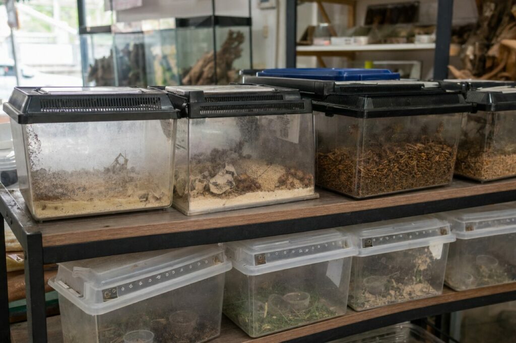 Voerinsecten in transparante geventileerde bakken