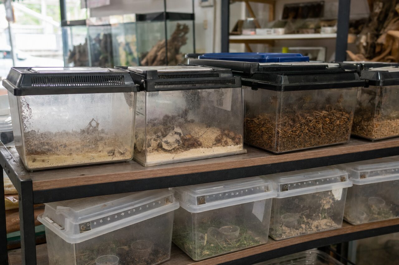 Futterinsekten in transparenten Lüftungsboxen
